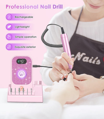 Portable Nail Drill Electric File: 40000RPM Professional Rechargeable Nail E-File Machine, Cordless Nail Drill with Bits & Base for Acrylic Nails Remove Nail Gel Polish Manicure for Salon Home, White