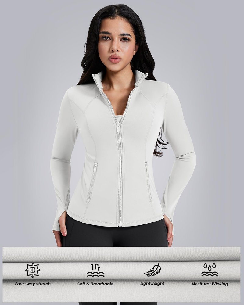 AVGO Womens Workout Jackets Lightweight Athletic Zip Up Jacket Slim Fit Running Gym Top with Pockets & Thumb Holes(White, L)