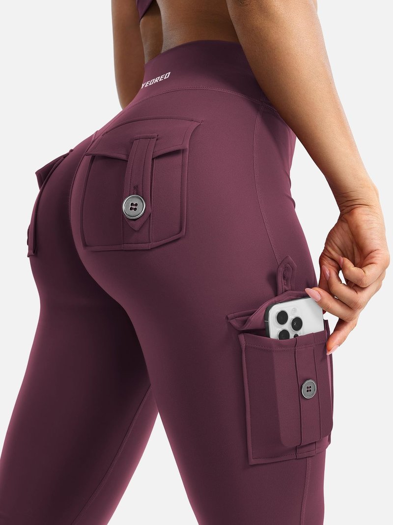 YEOREO CoreFlex Women Workout Flare Leggings with Pockets Hidden Scrunch High Waisted Cargo Gym Yoga No Front Seam Leggings Black Cherry L