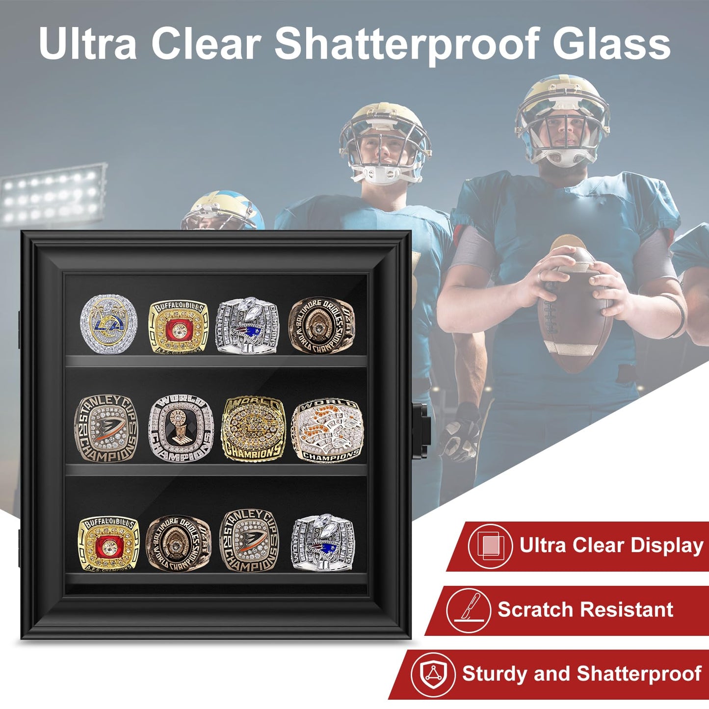 Championship Ring Display Case, 12 Ring Posts Baseball Ring Holder, Wall Mount Wooden Shadow Box for Multiple Championship Rings