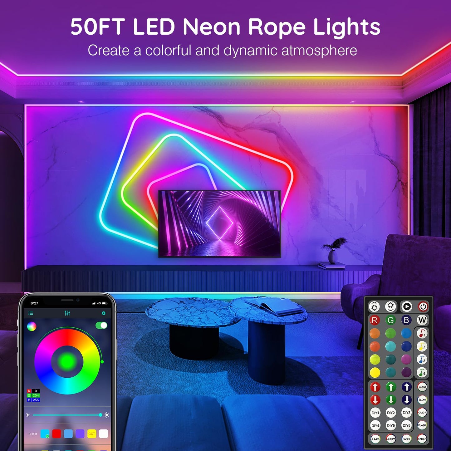 AILBTON 50FT Led Neon Rope Lights Control with App/Remote,Flexible Led Rope Light,Multiple Modes,IP65 Outdoor RGB Lights Waterproof,Music Sync Gaming Led Neon Strip Light for Bedroom Decor