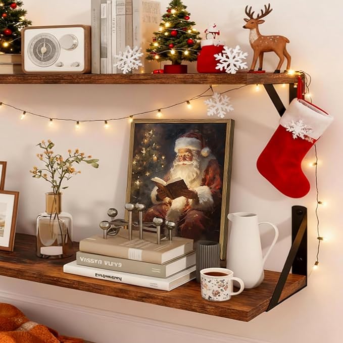 Framed Vintage Christmas Canvas Wall Art, Santa Claus Reading Book Paintings Wall Decor, Rustic Winter Holiday Pictures Prints for Living Room Bedroom Home Decoration 12×16 inch