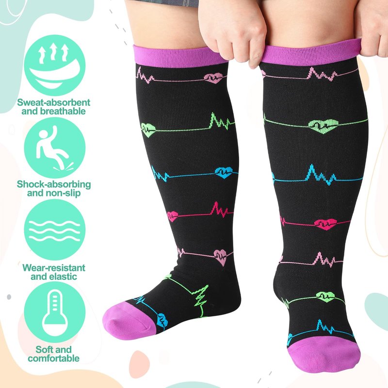 Jspupifip 6 Pairs Plus Size Compression Socks for Women Wide Calf Extra Large Knee High Support for Travel Yoga Running Circulation, 3X-Large