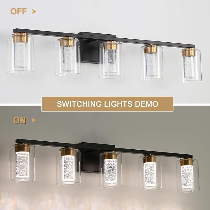 5-Light Black Bathroom Light Fixture, Dimmable 5CCT Black and Gold Bathroom Vanity Lights, 2700K-6500K Modern Crystal Bubble LED Wall Sconce Over Mirror with Clear Glass