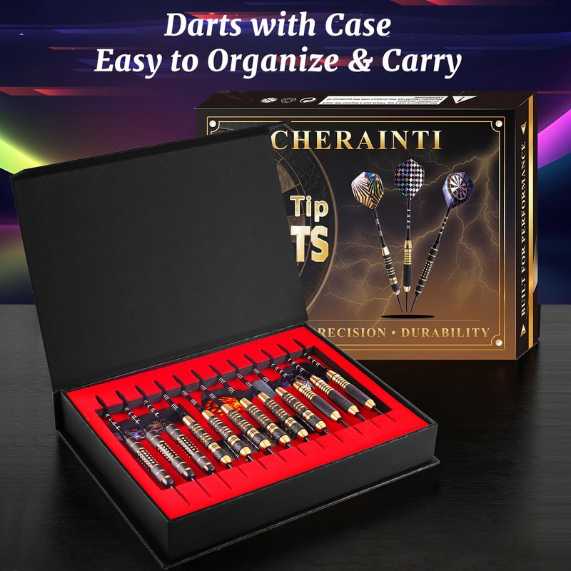 CHERAINTI Darts Metal Tip Set, 12 PCS Professional Steel Tip Darts for Dartboard with 20g 22g 24g Brass Barrels, 18 Aluminum Shafts, 36 Flights, 50 Rubber O-Rings, Sharpener Tool Kit and Gift Box