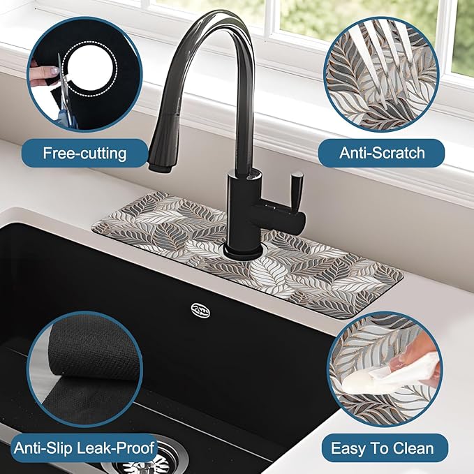 Embossed Leaf Texture Sink Splash Guard Grey Leaf Faucet Absorbing Mat Fast