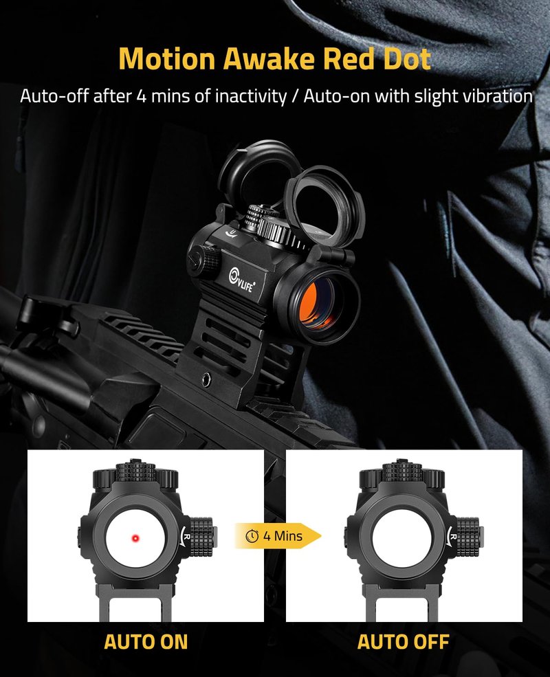 CVLIFE FoxSpook Motion Awake Red Dot Sight, 2 MOA Red Dot Scope Auto On & Off, 1x20mm Red Dot Optics with Low Profile and Lower 1/3 Co-Witness Mount, Flip Lens Covers and Anti-Reflection Device
