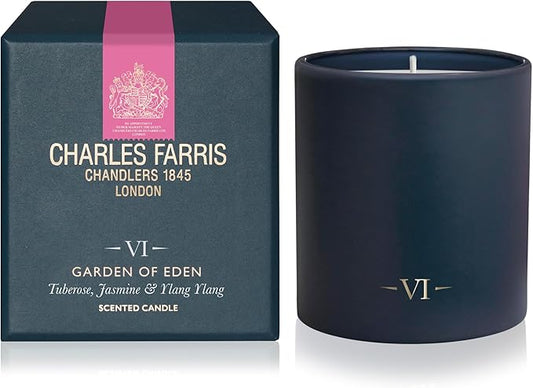 Charles Farris Luxury Scented Candle – 1 Wick, Hand-Poured, Long Lasting, Clean Burning, 210g / 7.5oz, Burns for up to 50 Hours, Made in England – Tuberose, Jasmine & Ylang Ylang – Garden of Eden