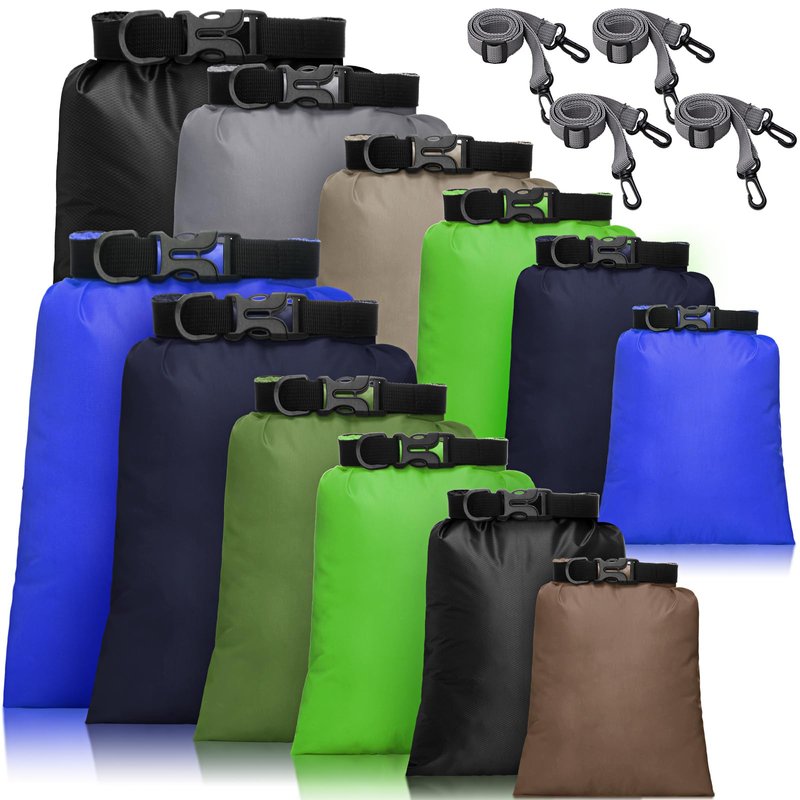 Shappy 12 Pcs 6/12 Pcs Waterproof Dry Bags, Lightweight Outdoor Waterproof Dry Stuff Sacks 15/8/5/4/3/2 L and Long Adjustable Shoulder Strap for Kayaking Rafting Boating Hiking Camping (Dark)