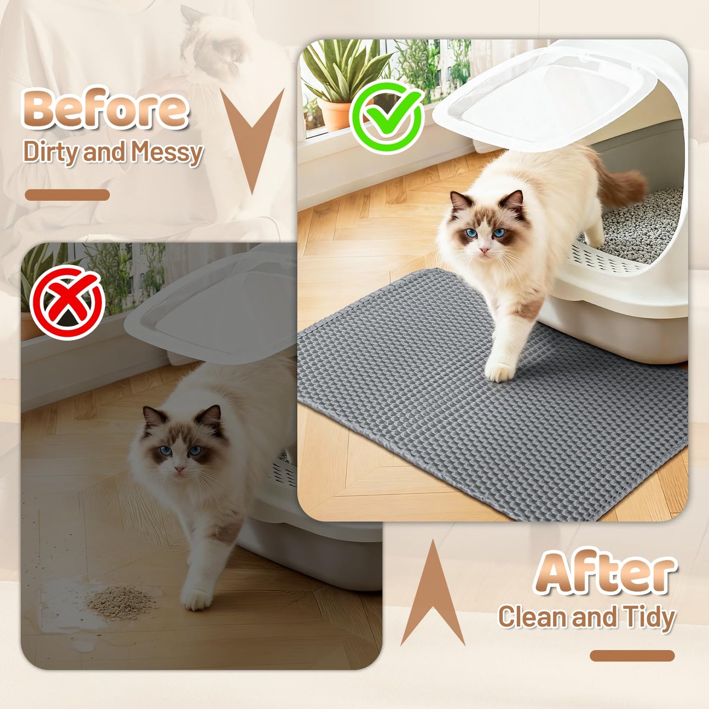 DJDUCK Cat Litter Mat, 23.5''L x 17.5''W Waterproof Urine Proof Cat Litter Box Trapping Mat,Scatter Control, Soft on Kitty Paws,Anti-Tracking,Double Layer Design, Non-Slip Litter Trapping Mat