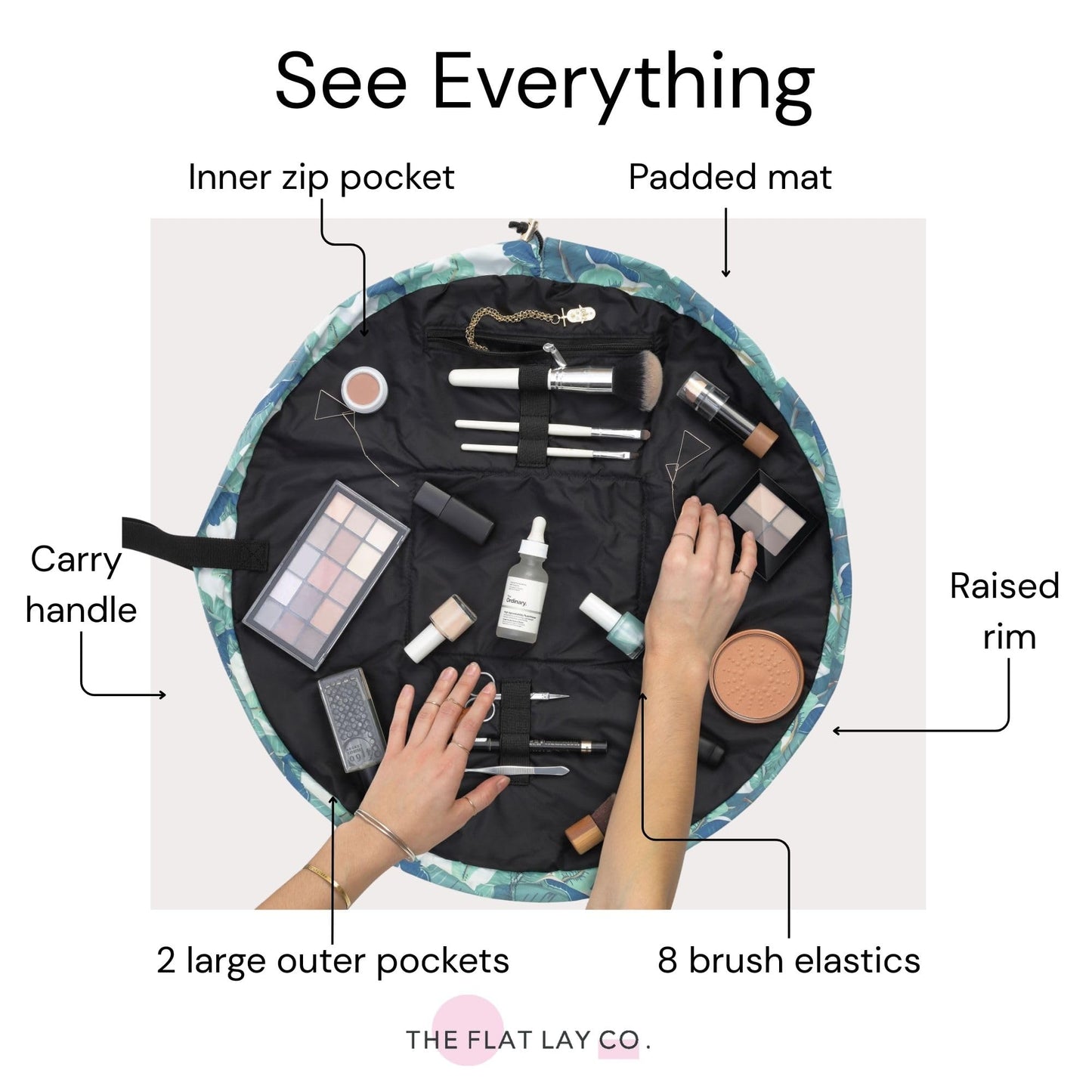 The Flat Lay Co. Makeup Bag - Tropical Leaves Travel Drawstring Makeup Bag with Brush Holder & Large Pockets - Cosmetics Organiser Storage for Eyeshadow, Blushes, Lipstick, & Brushes