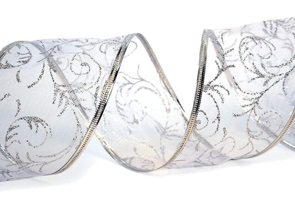 Wire Edged Ribbon Silver Sheer Organza Gift Wrap Ribbon 50 Yards x 2.5 inch Wide Clearance Metallic Wired Trim & Glitter Decorative White 1 Roll Large