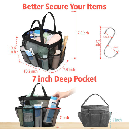F-color Mesh Shower Caddy Portable, Upgrade Deeper 7 Pockets Shower Bag Basket Tote for College Dorm Room Toiletry Bathroom Essentials Gym Camp Quick Dry 2 handles with S Hook, Black