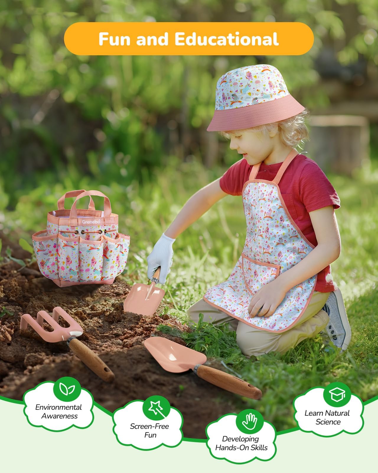 Grenebo Kids Gardening Set Toys, Quality Garden Tool Kit for Kids and Toddlers, Includes Two Shovels, Garden hat,Rake, Apron,Gloves, Watering Can, and Tool Bag (Pink)