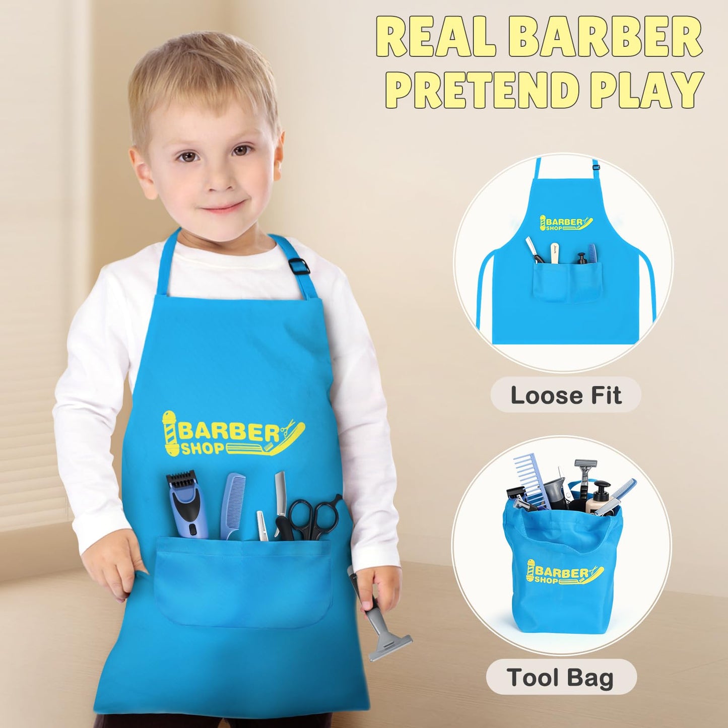 Barber Shop Pretend Play Toy, Kids Hair Salon Toys, Kids Shaving Kit for Boys Ages 3+ with Blow Dryer, Electric Shaver Toys, Tool Bag and Stylist Shave Barber Accessories for Role Play (Black)