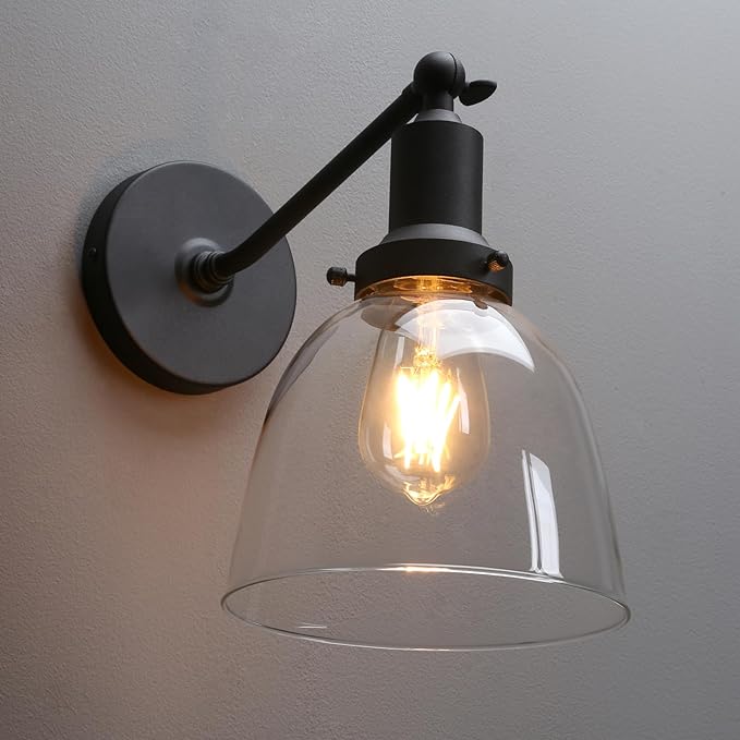 PERMO Industrial Sconces Slope Pole Sconce with 6.7" Oval Dome Clear Glass Shade Matte Black Wall Sconce Wall Mount Light Fixture for Bathroom Bedroom Entryway Home Office Kitchen