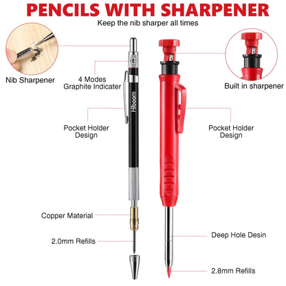 Hiboom 10 Pack Mechanical Carpenter Pencils Set with Sharpener & 36PCs 2.8mm Refills, Deep Hole Marker Pen, Automatic Center Punch, Carbide Scribe Tool, Heavy Duty Construction Pencil for Architect