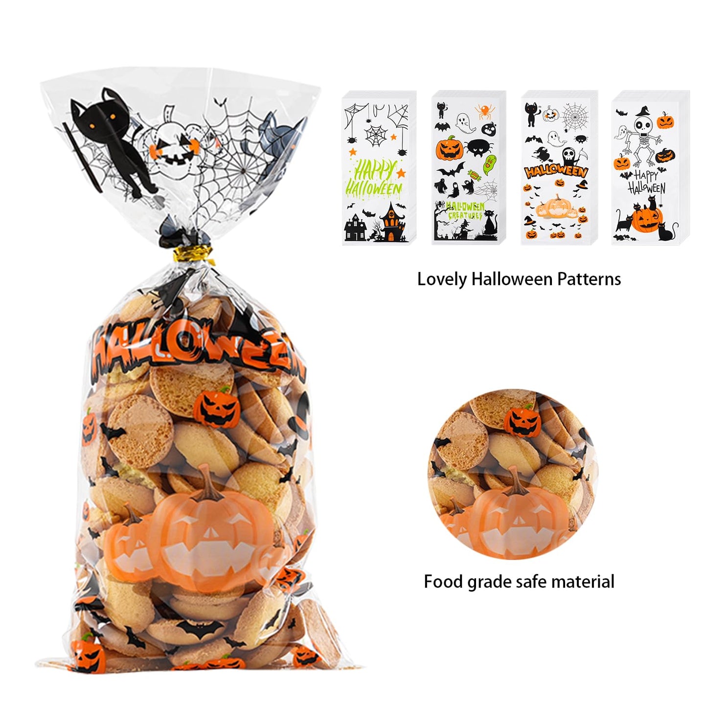 ONFAON Halloween Cellophane Treat Bags, 180pcs Halloween Trick or Treat Goody Gags with 200pcs Twists for Snacks Cookies Packing, Goodie Bags Party Supplies (10.8 * 4.9in)