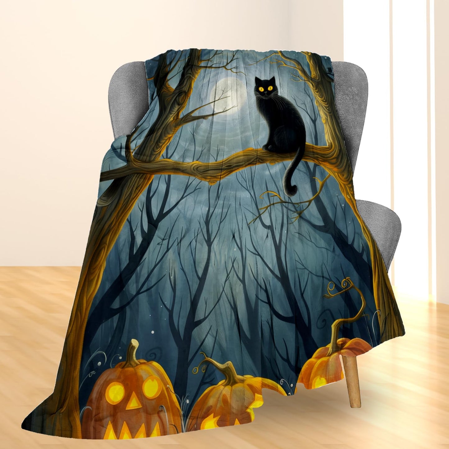 Ti Caldi Spooky Black Cat & Pumpkin Blanket | Soft Warm Fuzzy Lightweight Flannel Throw Blanket for Couch, Bed, Halloween Decor, Travel & Outdoor Use, Cozy Blankets for Adults Women Men 60×50 in