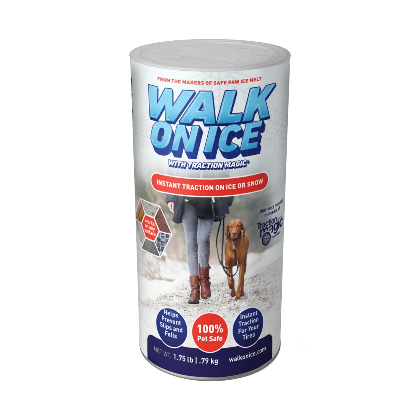 Traction Magic Walk on Ice - Instant Grip for Snow & Ice, Prevent Slips & Falls, Safe for Kids, Pets, & Cars, Unique Mineral Blend, 100% Salt & Chemical Free, 1.75 lb CAN for Walkways & Sidewalks
