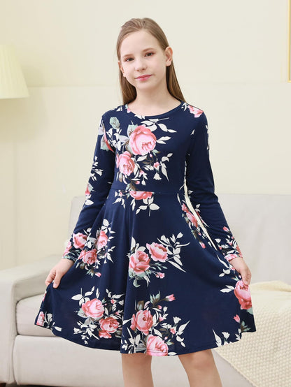 GORLYA Girls Short Sleeve Floral Print Casual Fit and Flare Party Dress with Pockets 4-12 Years (GA1002,10Y,NavyPrint-L)