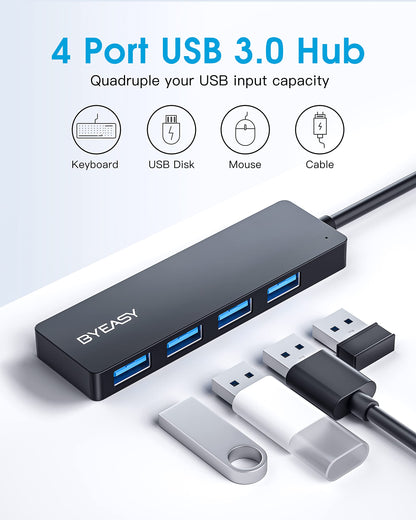 USB Hub, BYEASY 4-Port USB 3.0 Hub Ultra Slim Portable USB Splitter for iMac Pro, MacBook Air, Mac Mini/Pro, Surface Pro, Notebook PC, Laptop, USB Flash Drives, and Mobile HDD (Leather Black)