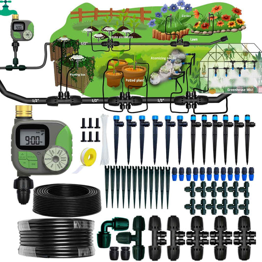 Drip Irrigation System with Water Timer for Garden,Main ID 1/2inch 16.5Ft and 1/4inch 96Ft Water Hose, Watering System Sufficient Water Pressure, Irrigation Dripper Waterflow Evenly Easy DIY