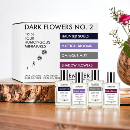 DEMETER Dark Flowers No. 2 Humongous Miniature Set of 4 Colognes, Haunted Souls - Mystical Blooms - Shadow Flowers - Ominous Mist, Perfumes for Women, 0.5 Oz Each
