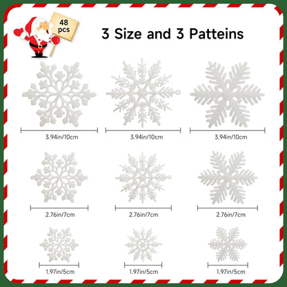 Crafare 48pcs White Plastic Glitter Snowflakes Hanging Ornaments for Christmas Tree Indoor Winter Wonderland Decor