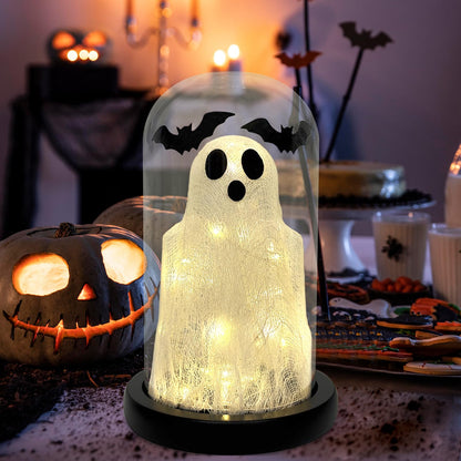 DAZONGE Halloween Decorations Indoor, Lighted Ghost in Glass Dome Cloche, Cute Spooky Halloween Ghost Decor for Tabletop Mantel Display