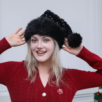 Slsxip Personalized Sequin Santa Hat for Adults, Black Glitter Christmas Party Hat, Xmas Halloween New Year Holiday Festive Headwear