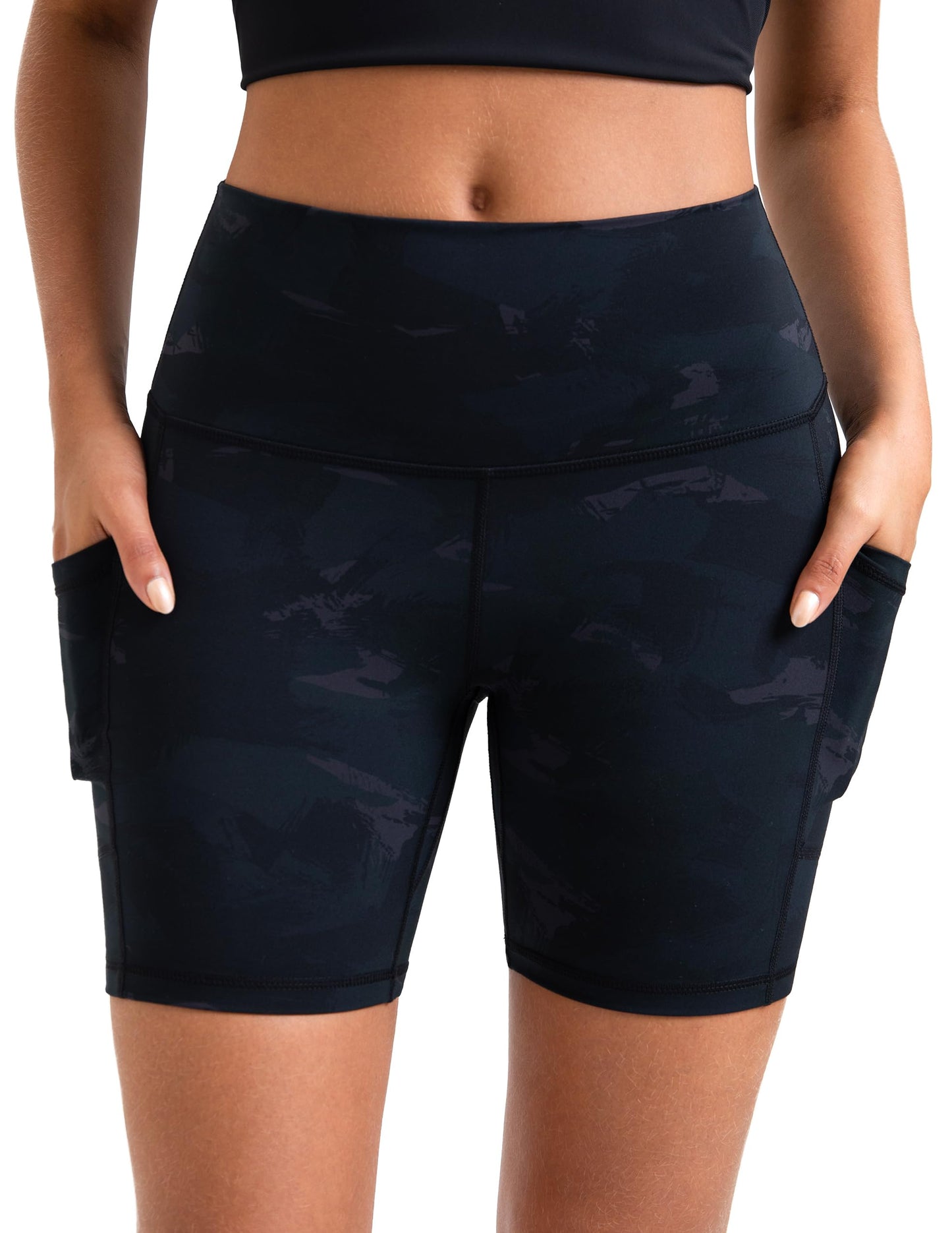 Colorfulkoala Women's High Waisted Biker Shorts with Pockets 6" Inseam Workout & Yoga Tights (L, Deep Grey Camo)