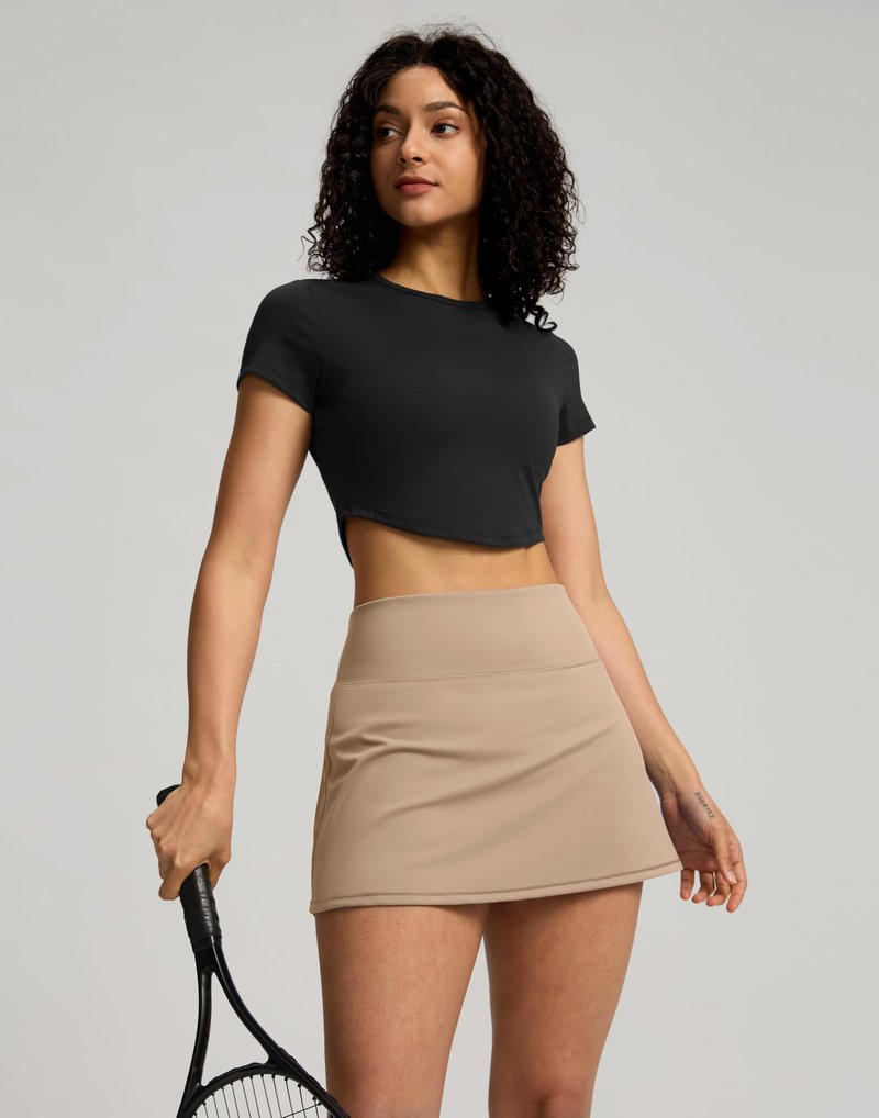Soothfeel Tennis Skirts for Women 14.5" High Waisted Golf Skirt with Shorts Pockets Workout Athletic Skorts for Woman (Beige Khaki, M)