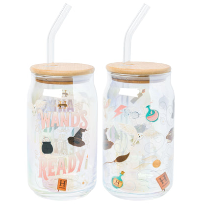 Silver Buffalo Harry Potter Iconic Icons Pattern Wands at the Ready 2 Pack Glass Jar Tumbler with Bamboo Lid and Glass Straw, 16 Ounces