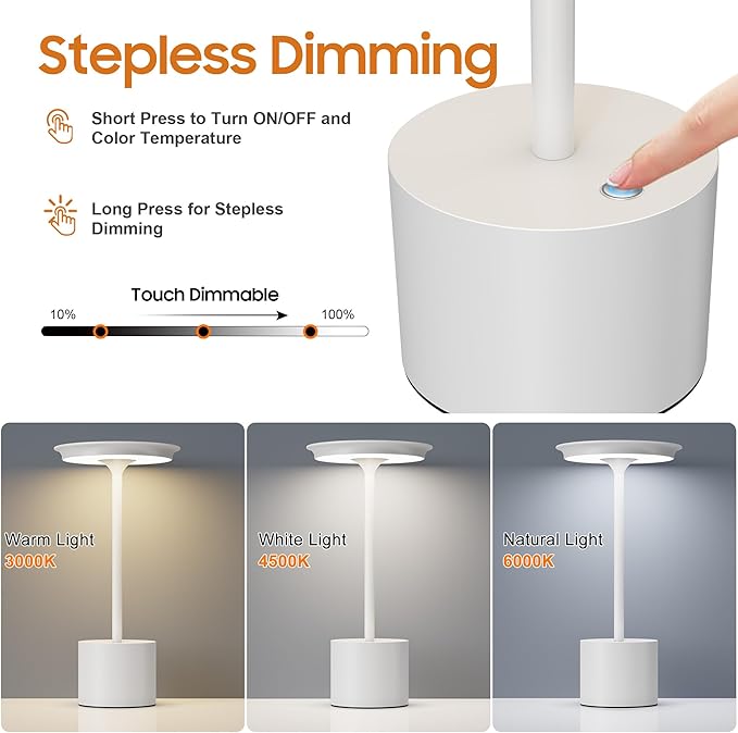 2Pack Cordless Table Lamp, Portable Rechargeable 6000mAh Outdoor Table Lamp, 3 Color Stepless Dimming Battery Powered Lamp, LED Table Light for Dinner/Bedroom/Restaurant/Outdoor (White)