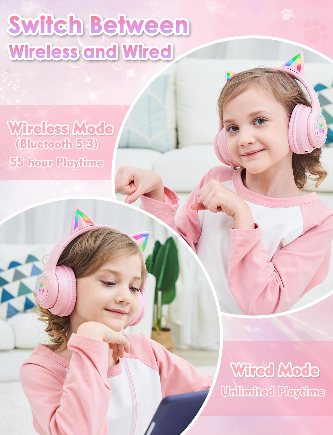 Bluetooth Kids Headphones with Microphone, Cat Ear LED Light Up and 85dB Volume Limited Toddlers Study Headphones, Wireless Foldable HI-FI sound Over-Ear School Headphones for iPhone/iPad/Laptop/PC