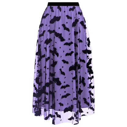CHICWISH Women's Purple Tulle Tutu Skirt Velvet Bats Elastic Waist Halloween Party Layered Mesh Midi Skirt Halloween Costumes
