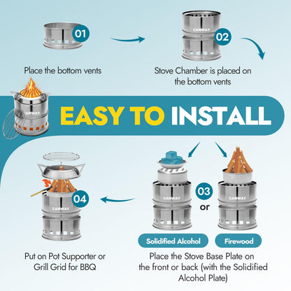 CANWAY Portable Camping Stove Mini Wood Burning Camp Stove for Backpacking Hiking Traveling Survival Cooking Stove Stainless Steel Emergency Folding Camping Stove with Carry Bag