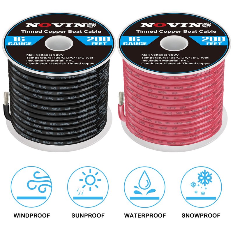 16 Gauge Marine Wire Include 16 AWG 200FT Red & 200FT Black,16 Gauge Marine Grade Wire Tinned Copper Electrical Cable for Automotive Boat Speaker Battery Lighting Solar Panel Camper Trailer