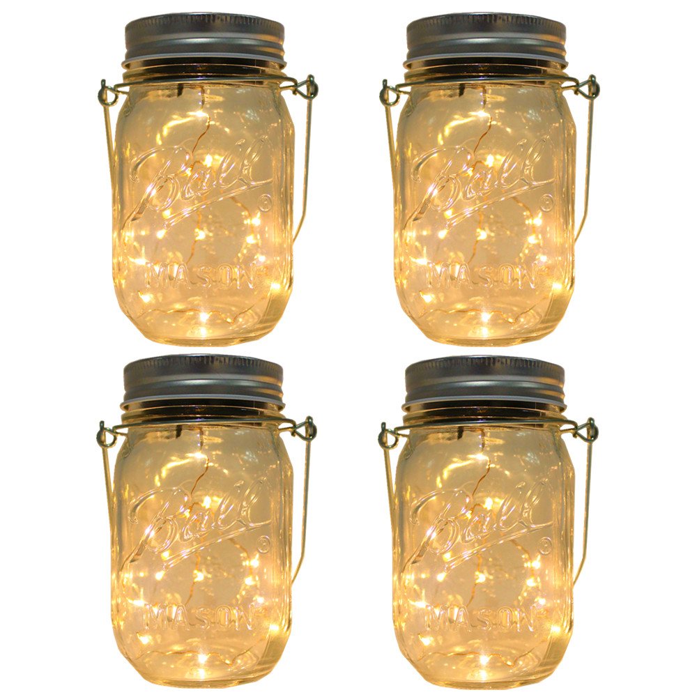 CHBKT 4-Pack Solar-powered Mason Jar Lights (Mason Jar / Handle Included),20 Bulbs Jar Hanging Light,Garden Outdoor Solar / Hanging Lantern,Decor Solar Light,Table Light,Patio Path Light,Warm White
