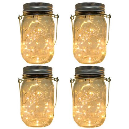 CHBKT 4-Pack Solar-powered Mason Jar Lights (Mason Jar / Handle Included),20 Bulbs Jar Hanging Light,Garden Outdoor Solar / Hanging Lantern,Decor Solar Light,Table Light,Patio Path Light,Warm White
