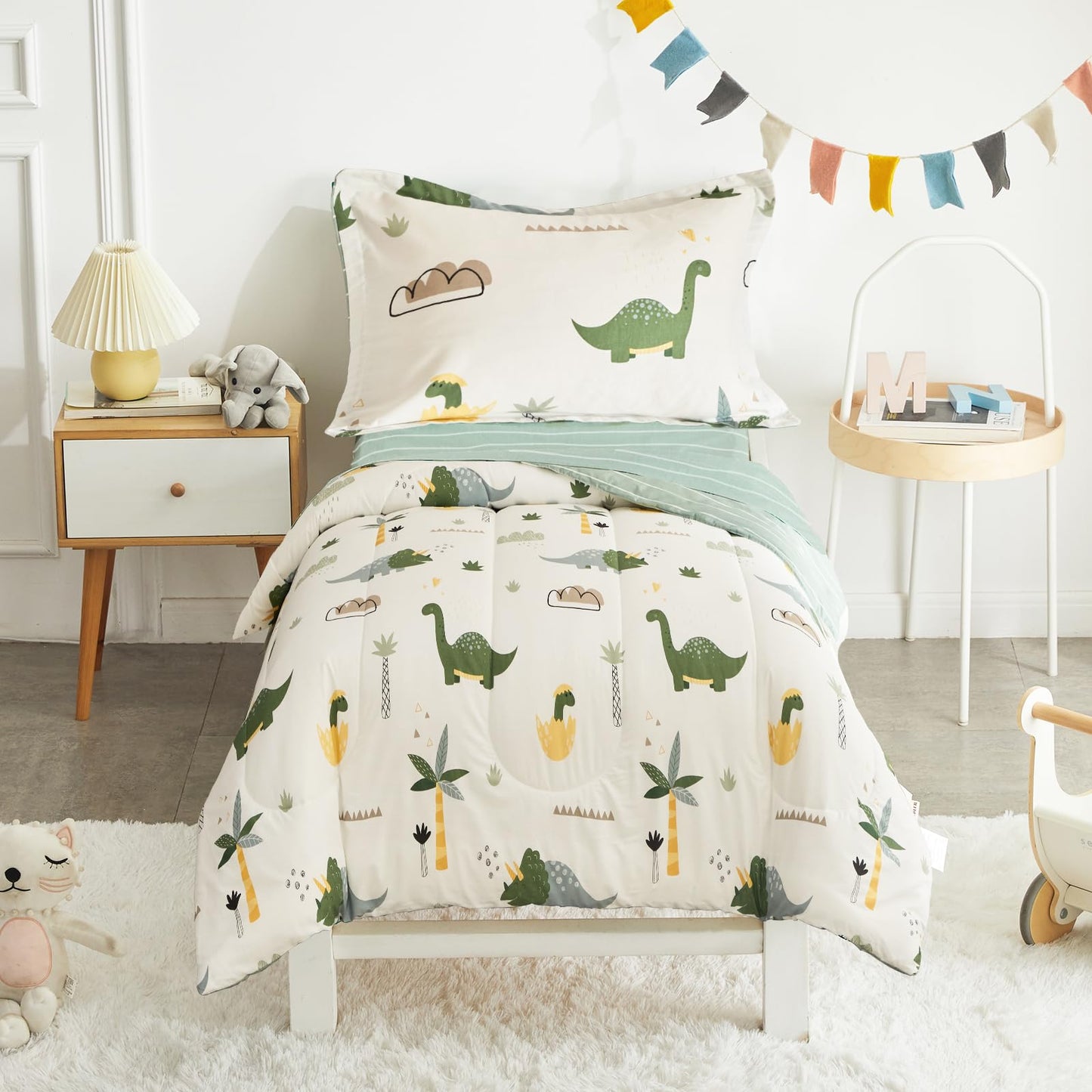 Joyreap 4 Piece Dinosaur Toddler Bedding Set, Cotton Toddler Comforter Sheet Set, Green Dinosaurs Print on White Design for Kids Boys n Girls
