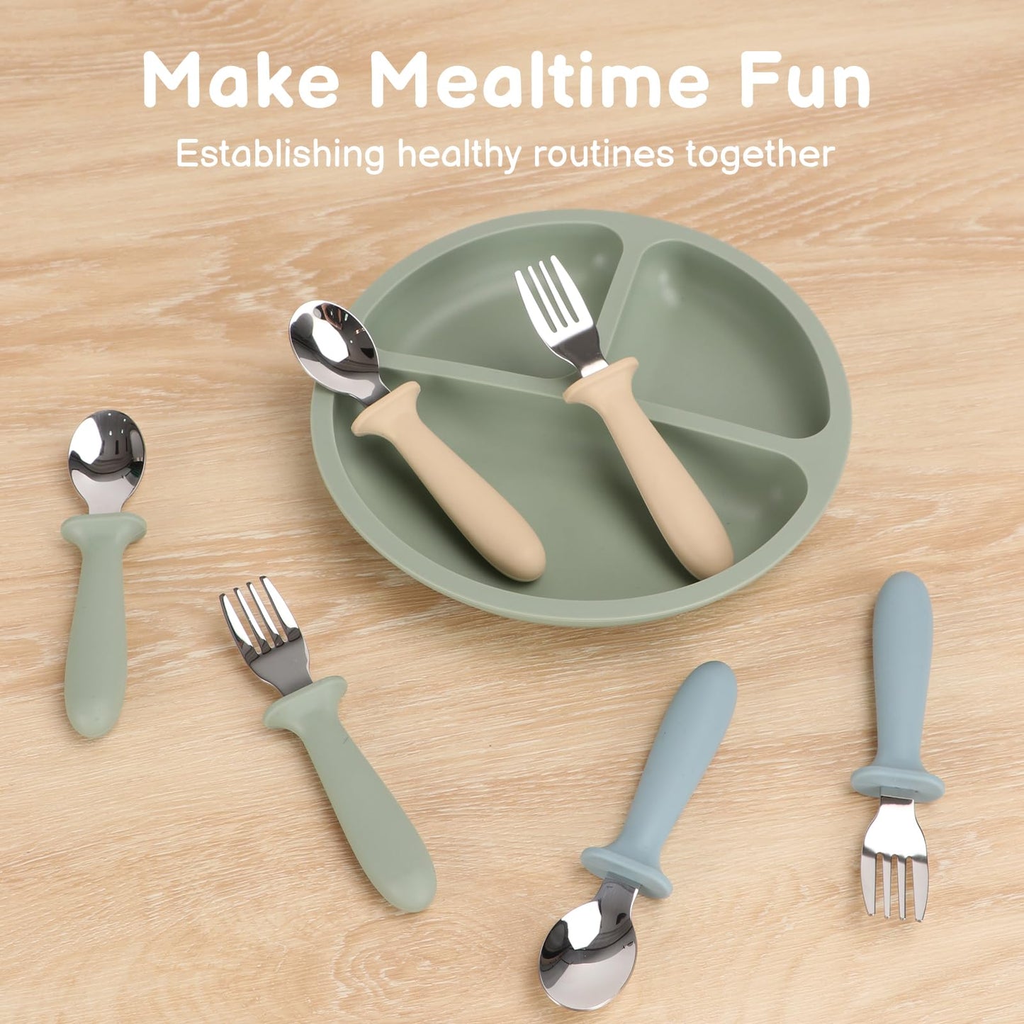 Eascrozn Toddler Utensils, 6 Pack kids Silverware Set with Silicone Handle, 18/8 Stainless Steel Children Safe Forks and Spoons, Dishwasher Safe