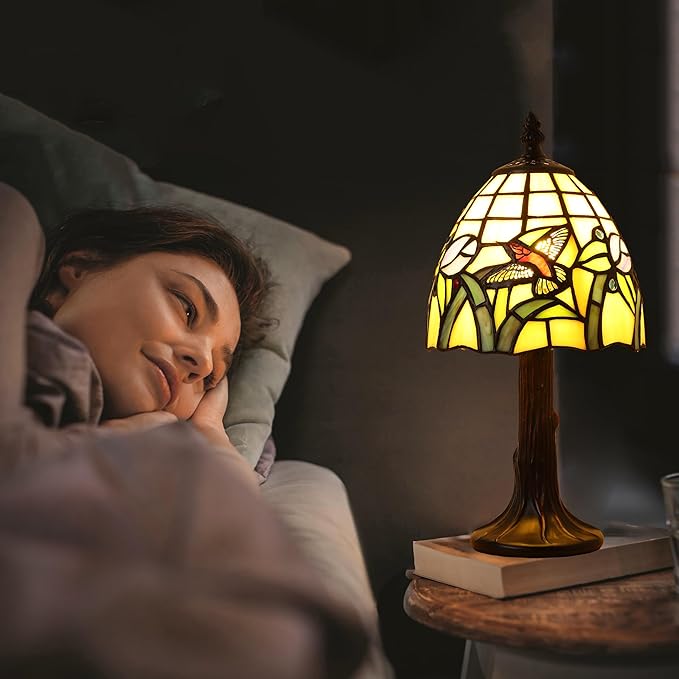 Small Tiffany Table Lamp,3 Color Temperature Hummingbird Stained Glass Table Lamps for Living Room, Dining Room,Bedroom Bedside Nightstand Night Light,W/LED Bulb,6X6X13Inch