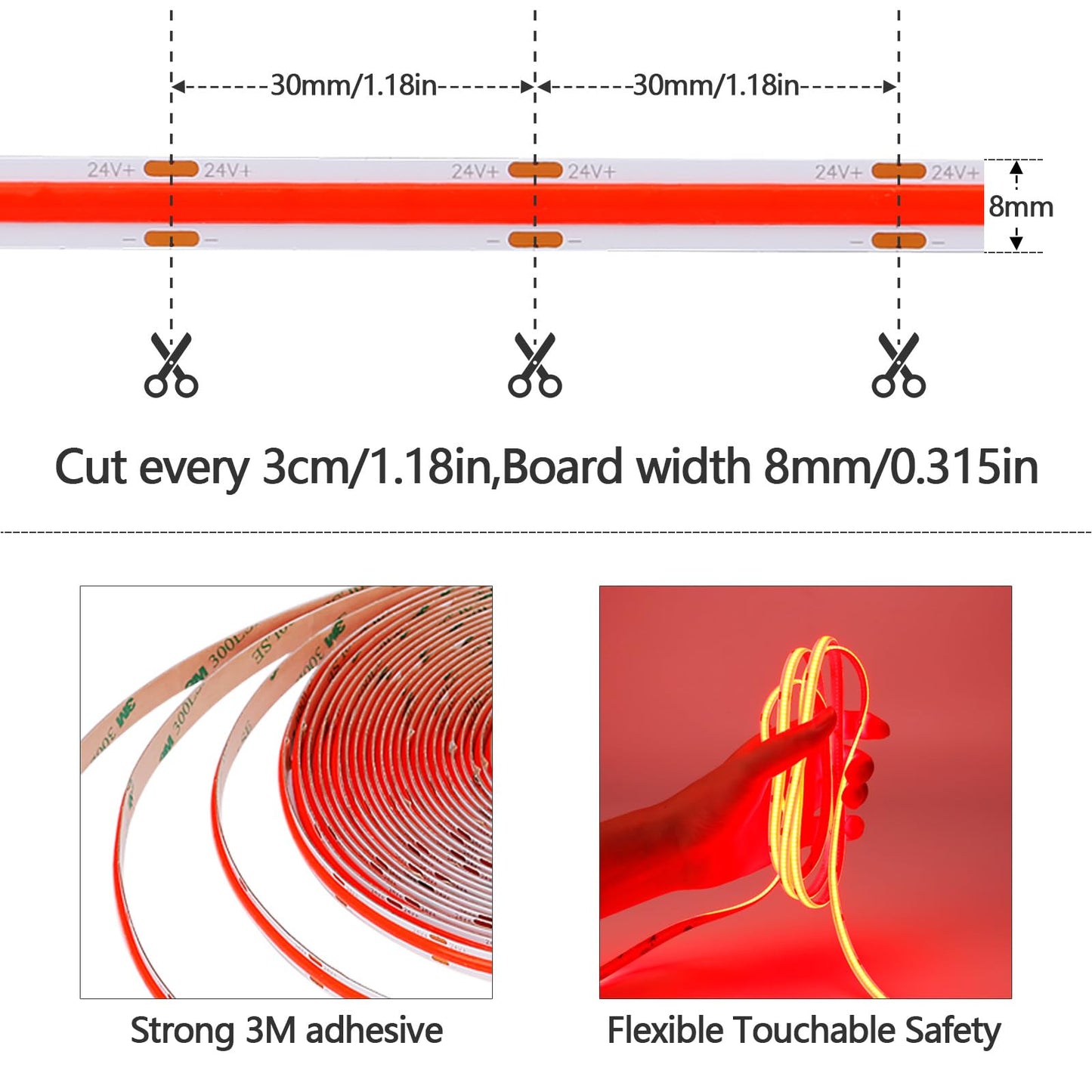 GOMING 32.8ft/10M DC 24V COB Red LED Strip Light Uniform Glow Dotless 384LEDs/M Not Waterproof IP20 Flexible LED Tape Lights for DIY Cabinet Bedroom Kitchen Home Decor(No Power Supply)