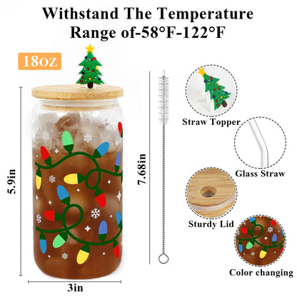 Joyseller Christmas Gifts, 18oz Color Changing Christmas Lights Iced Coffee Can Glass, X-mas Glass Cup with Lid and Straw, Holiday Tumbler