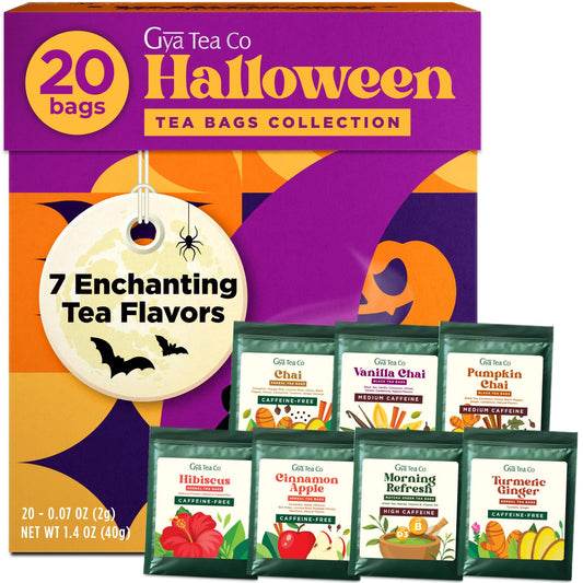 Gya Tea Co Halloween Tea Collection Autumn Tea Variety Pack, Caffeinated & Caffeine Free Holiday Gift Sampler Blends - 7 Flavors, 20 Bags Total - Easy Brew, Natural Quality Ingredients