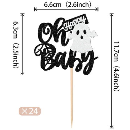 24 PCS Halloween Ghost Oh Baby Cupcake Toppers Glitter Spooky Baby Shower Cupcake Picks for Halloween Theme Baby Shower Kids Birthday Party Cake Decorations Supplies