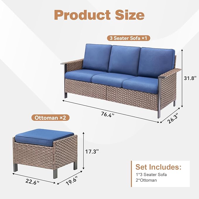 3 Pieces Patio Furniture Sofa Set-Outdoor Wicker Patio Furniture Covered Couch with Multifunctional Ottoman and High Back Outdoor Patio Conversation Set for Backyard Porch Garden Brown/Blue