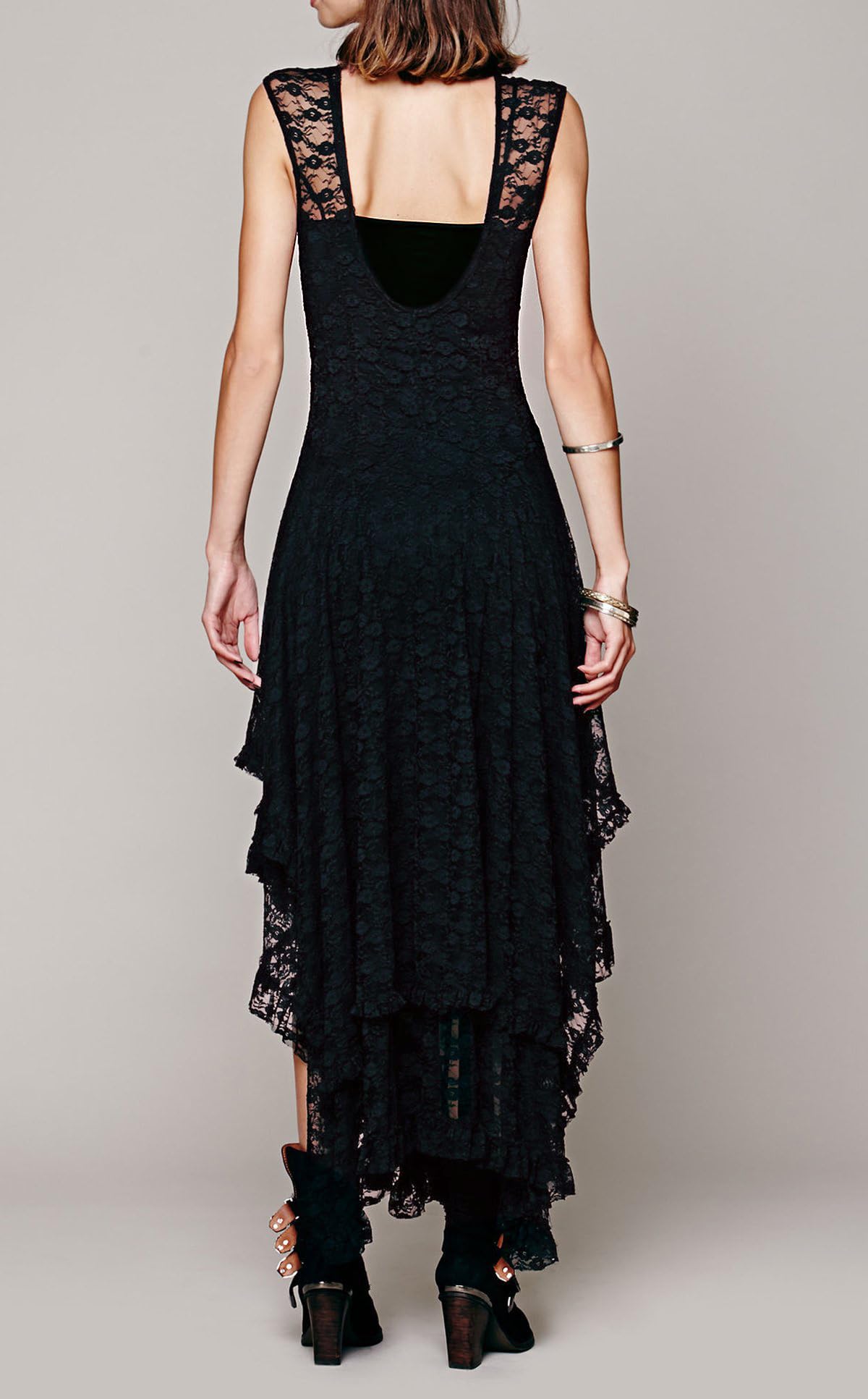 R.Vivimos Womens Sleeveless Backless Asymmetrical Layered Lace Long Dress with Slip Two Pieces (Medium, Black)